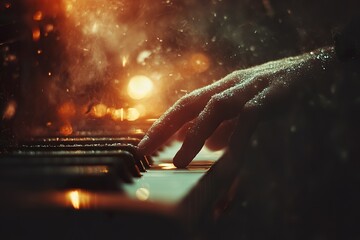 A hand plays a piano in a hazy atmosphere