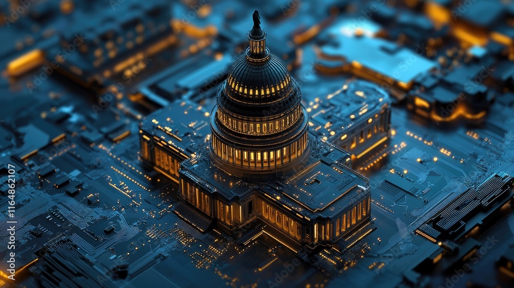 Poster a futuristic interpretation of the u.s. capitol building, constructed from circuit boards, with glow