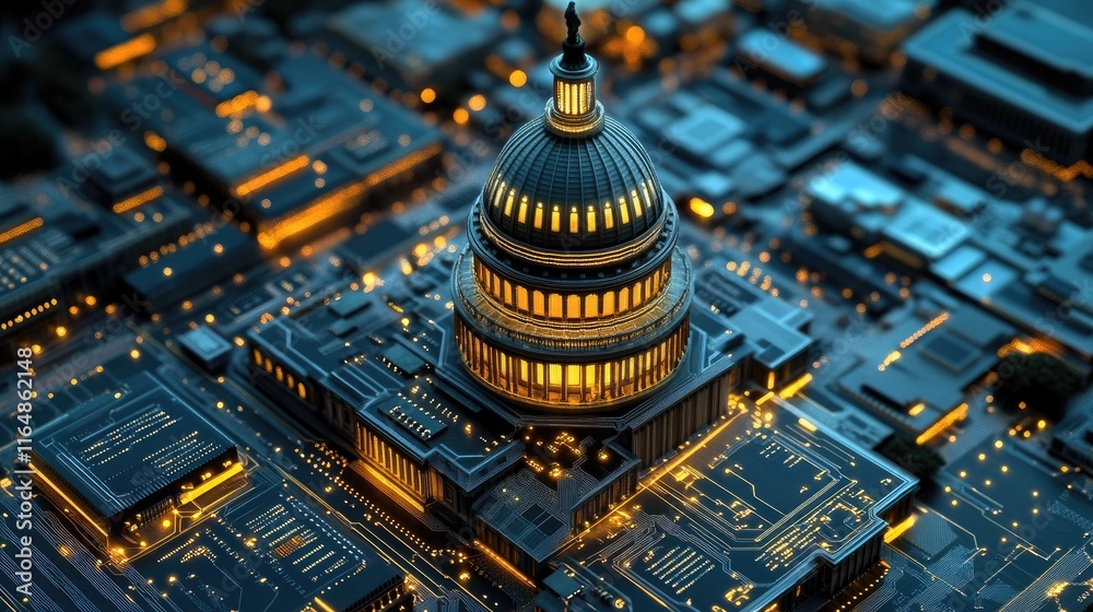 Poster a futuristic interpretation of the u.s. capitol building, constructed from circuit boards, with glow