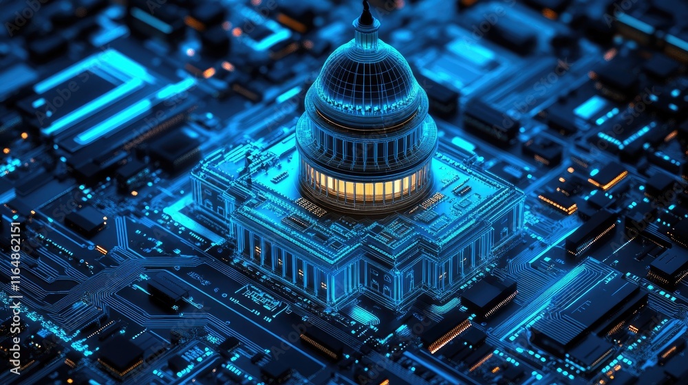 Poster a futuristic interpretation of the u.s. capitol building, constructed from circuit boards, with glow