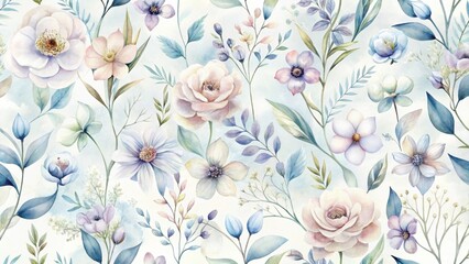 Elegant Watercolor Floral Pattern Featuring Delicate Blooms and Lush Greenery in Soft Pastel Hues