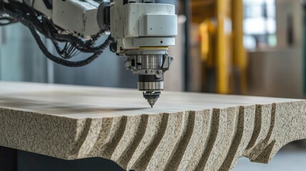 Robotic arms precisely carving grooves into granite slabs for architectural applications."