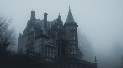 Obraz premium A gothic-style haunted house with dark, mysterious elements, set against a clean white background, creating an unsettling, eerie atmosphere