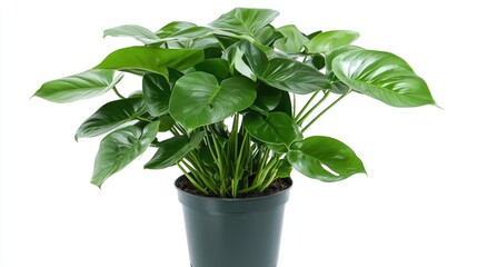 A healthy Monstera plant in a pot, set against a plain white backdrop, showcasing the plant's bold, textured leaves