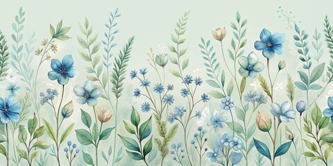 Serene Blue and Green Floral Meadow Botanical Illustration Featuring Delicate Watercolor Blooms and Lush Greenery