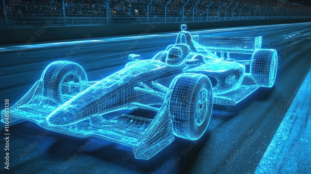 Poster a holographic wireframe of an indy car, glowing in blue light, speeding along a racetrack with a sen