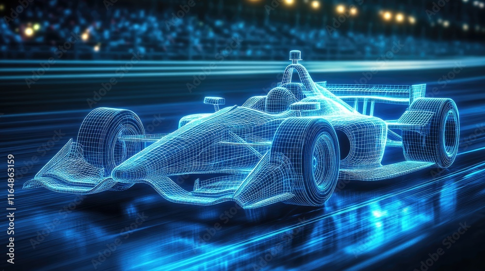 Poster a holographic wireframe of an indy car, glowing in blue light, speeding along a racetrack with a sen