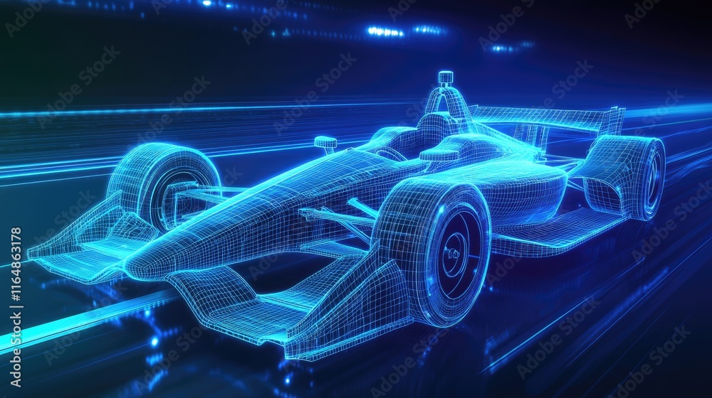 Aufkleber a holographic wireframe of an indy car, glowing in blue light, speeding along a racetrack with a sen