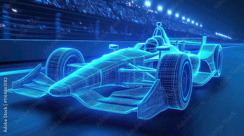 Poster a holographic wireframe of an indy car, glowing in blue light, speeding along a racetrack with a sen