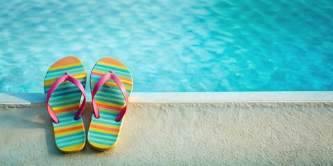 Naklejka premium Striped flip-flops rest beside a refreshing blue swimming pool, ready for a relaxing summer dip.