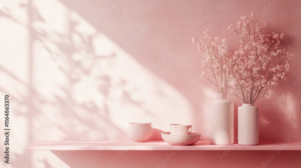 Poster a light and airy pink room with a pink shelf and matching table, creating a cohesive and serene colo