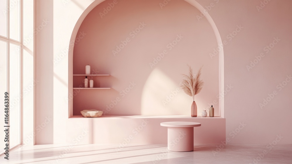 Poster a light and airy pink room with a pink shelf and matching table, creating a cohesive and serene colo