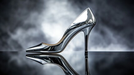 Shimmering silver stiletto heels with a sleek design, styled on a reflective surface under spotlight."