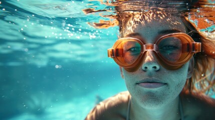 Woman in swimming goggles underwater, AI generated image