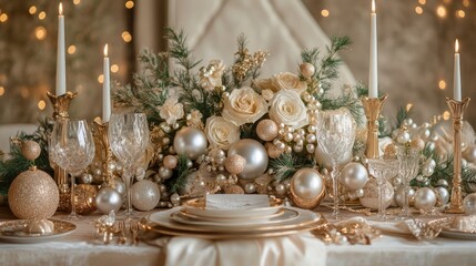 A luxurious holiday setup featuring pearl ornaments and glittering gold accents, set against a backdrop to create an elegant and festive atmosphere