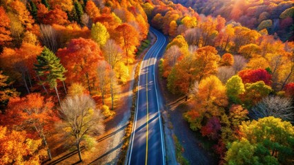Obraz premium Autumnal Road Winding Through a Vibrant Forest Canopy