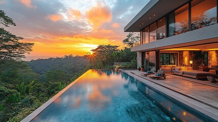 Modern Infinity Pool Villa Sunset Tropical View