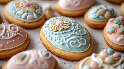 A detailed close-up of Easter-themed cookies shaped like eggs and bunnies, decorated with intricate icing designs 