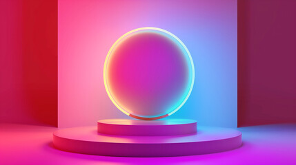 Obraz premium Vibrant Neon Gradient Sphere on Podium - Abstract 3D Illustration with Colorful Glow for Modern Digital Art and Design Concepts