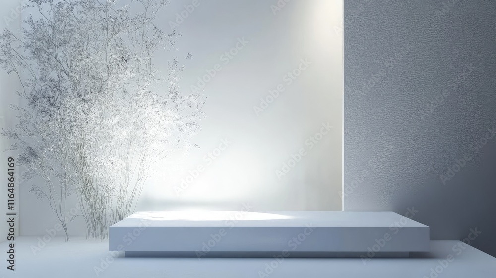 Poster a minimalist white podium illuminated by soft white light, centered in a sleek, modern studio room, 