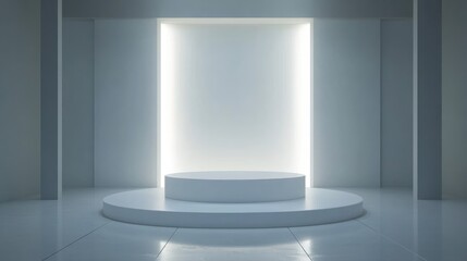 A minimalist white podium illuminated by soft white light, centered in a sleek, modern studio room, creating a clean, elegant atmosphere