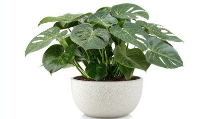 A Monstera plant in a modern pot, isolated on a white background, highlighting its iconic leaves and minimalist design
