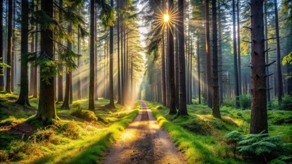 Obraz premium Sunlit Path Through a Misty Forest of Tall Trees