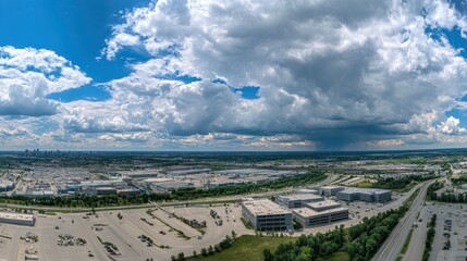 A panoramic view of a sprawling industrial park under a cloudy sky 