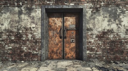 A pair of asymmetrical metal doors embedded in a weathered brick wall, standing as the entrance to a transformer area with an industrial feel
