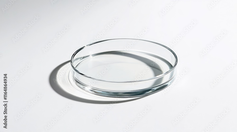 Poster a petri dish from the side, placed on a clean white backdrop, showcasing its perfect circular form a