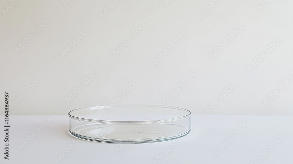 Poster a petri dish from the side, placed on a clean white backdrop, showcasing its perfect circular form a