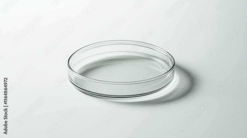 Poster a petri dish from the side, placed on a clean white backdrop, showcasing its perfect circular form a