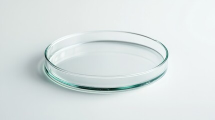 A perfectly detailed glass petri dish, viewed in side profile on a crisp white backdrop, highlighting its sterile, scientific nature