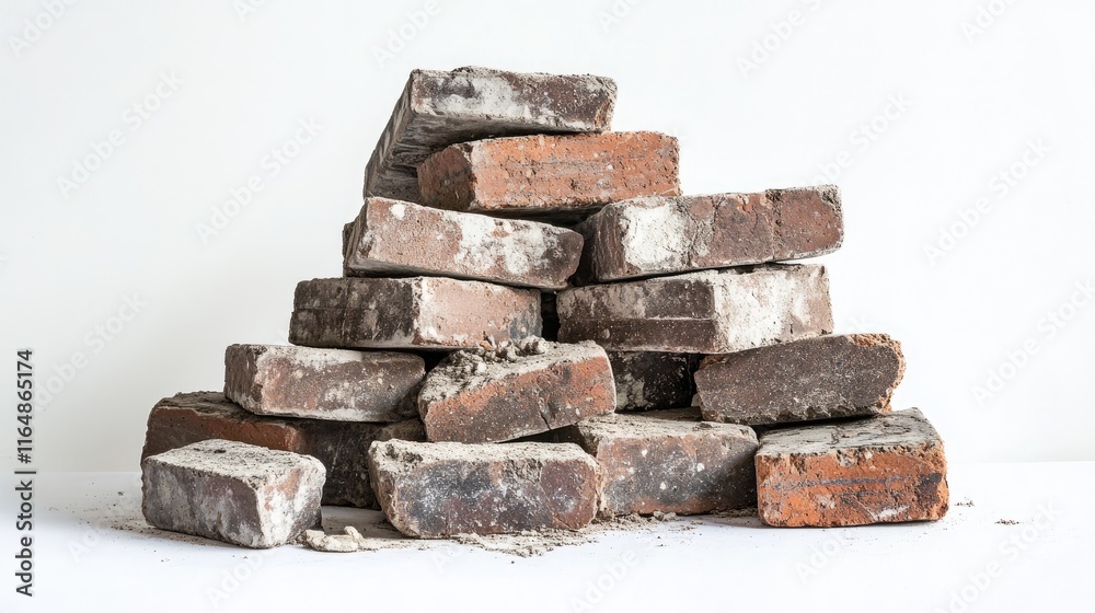 Poster a pile of dirty, gritty bricks stacked unevenly with visible imperfections, placed against a clean w