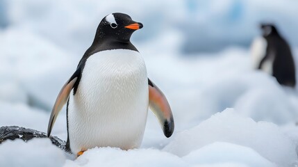 Fototapeta premium A cute penguin standing on ice with a snowy background, showcasing its vibrant orange beak and distinctive markings.