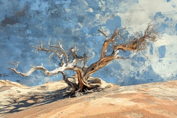 Twisted dead tree on desert hill under blue sky.