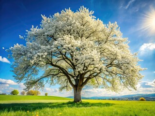Naklejka premium Spring blossoms paint a breathtaking landscape: a blooming white tree, floral backdrop of pure nature.
