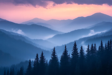 Obraz premium Enchanting mountain landscape at twilight, featuring layers of misty peaks and silhouetted pine trees under a dramatic purple and pink sky.