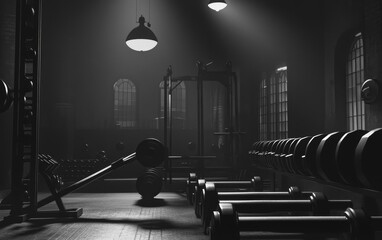 Dark gym interior with weights, rack, and lighting.
