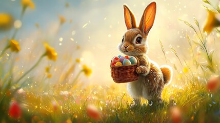 A whimsical Easter bunny carrying a tiny basket filled with eggs, hopping through a vibrant spring field 