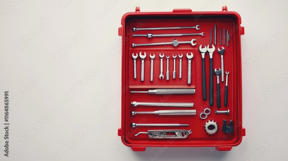 Poster a red toolbox containing screws, nails, and various tools, positioned on a white background, creatin
