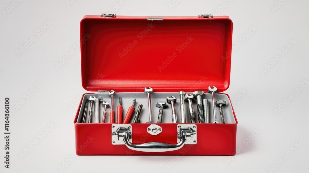 Poster a red toolbox open to reveal screws, nails, and basic hand tools, positioned on a clean white backgr