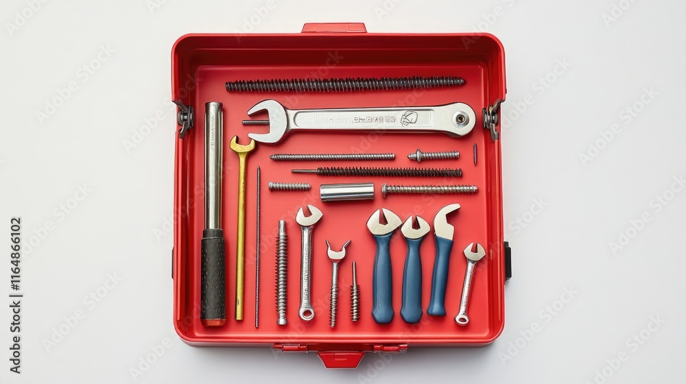Poster a red toolbox open to reveal screws, nails, and basic hand tools, positioned on a clean white backgr