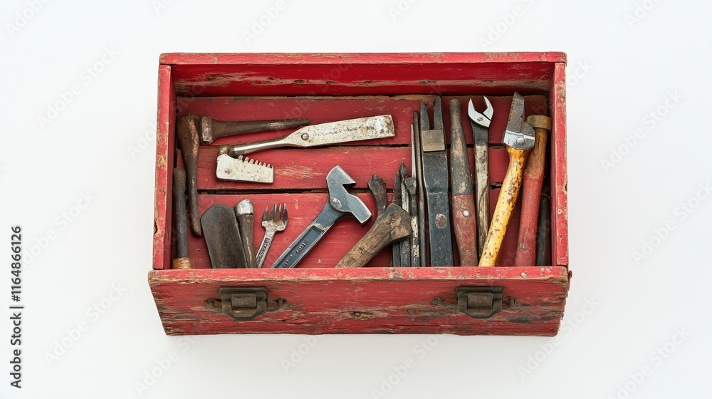 Poster a red wooden toolbox, filled with various tools, positioned against a clean white backdrop, offering
