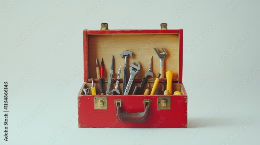 Poster a red wooden toolbox, filled with various tools, positioned against a clean white backdrop, offering