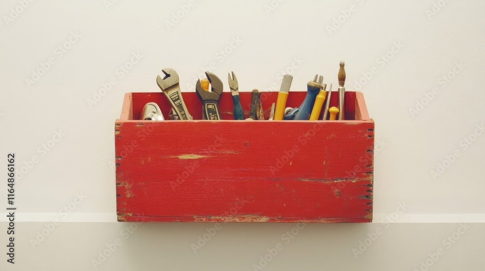 Poster a red wooden toolbox, filled with various tools, positioned against a clean white backdrop, offering