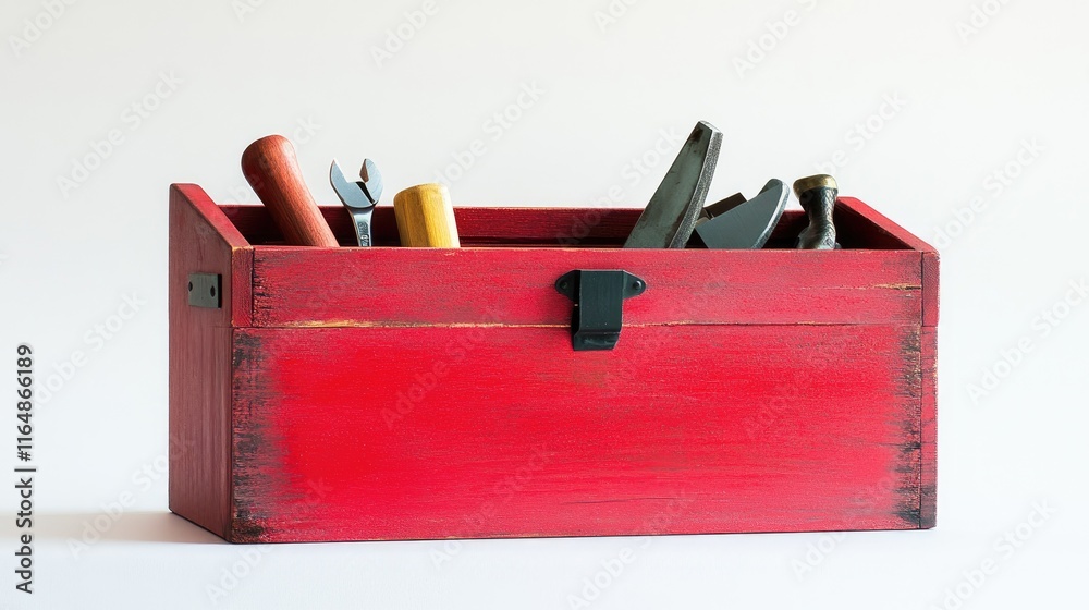 Poster A red-painted wooden toolbox with tools visible inside, placed neatly on a white surface, highlighting its practicality and bold color