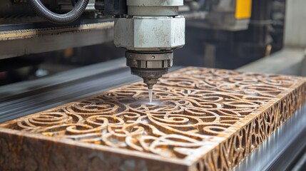 Waterjet cutting machines carving decorative designs into stone tiles in a high-tech factory."