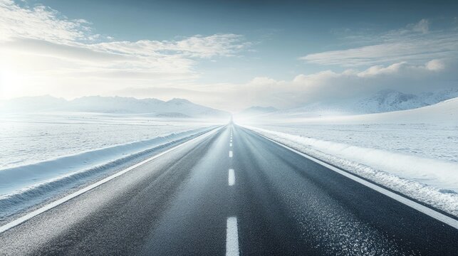 A road disappearing into the snowy horizon, with the white snow creating a peaceful winter scene and soft overcast sky