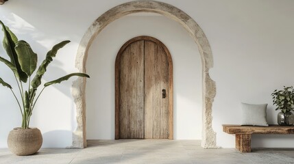 A rustic wooden door framed by a weathered stone arch, contrasting beautifully with the clean white wall, creating a textured, timeless look